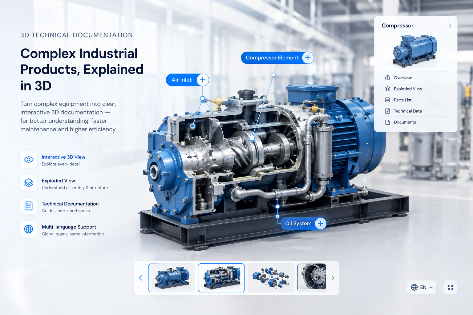 A complex industrial compressor shown in the context of the larger equipment, with hotspots marking the air inlet, compressor element, and oil system