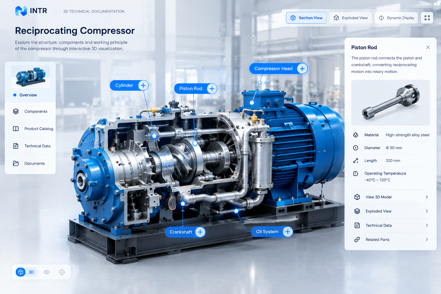A sectional view of a reciprocating compressor with hotspots on the cylinder, piston rod, crankshaft, compressor head, and oil system, and a detail panel for the selected component