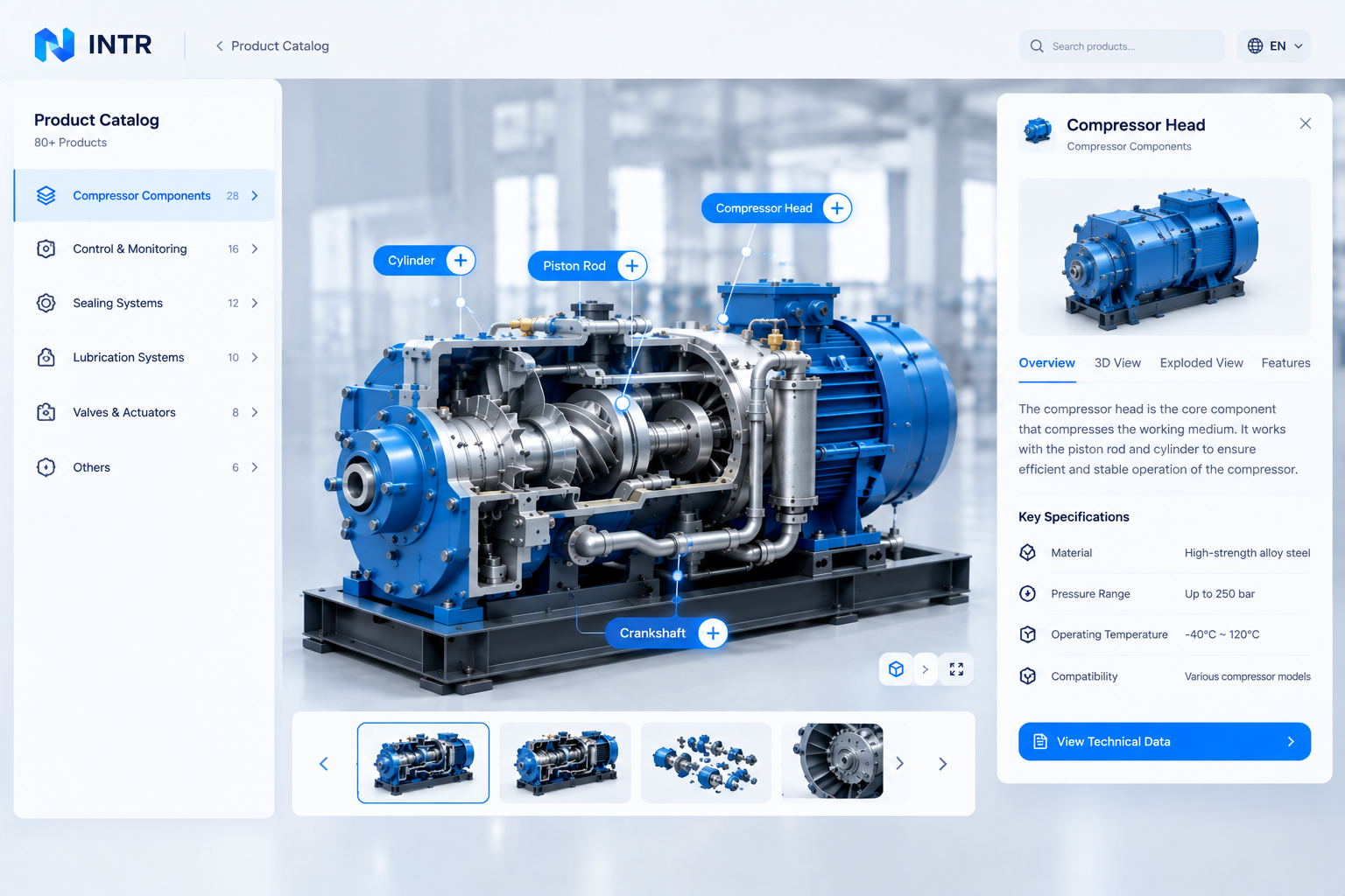 A product catalog view with a compressor detail panel showing an overview, specifications, and technical data for the selected product